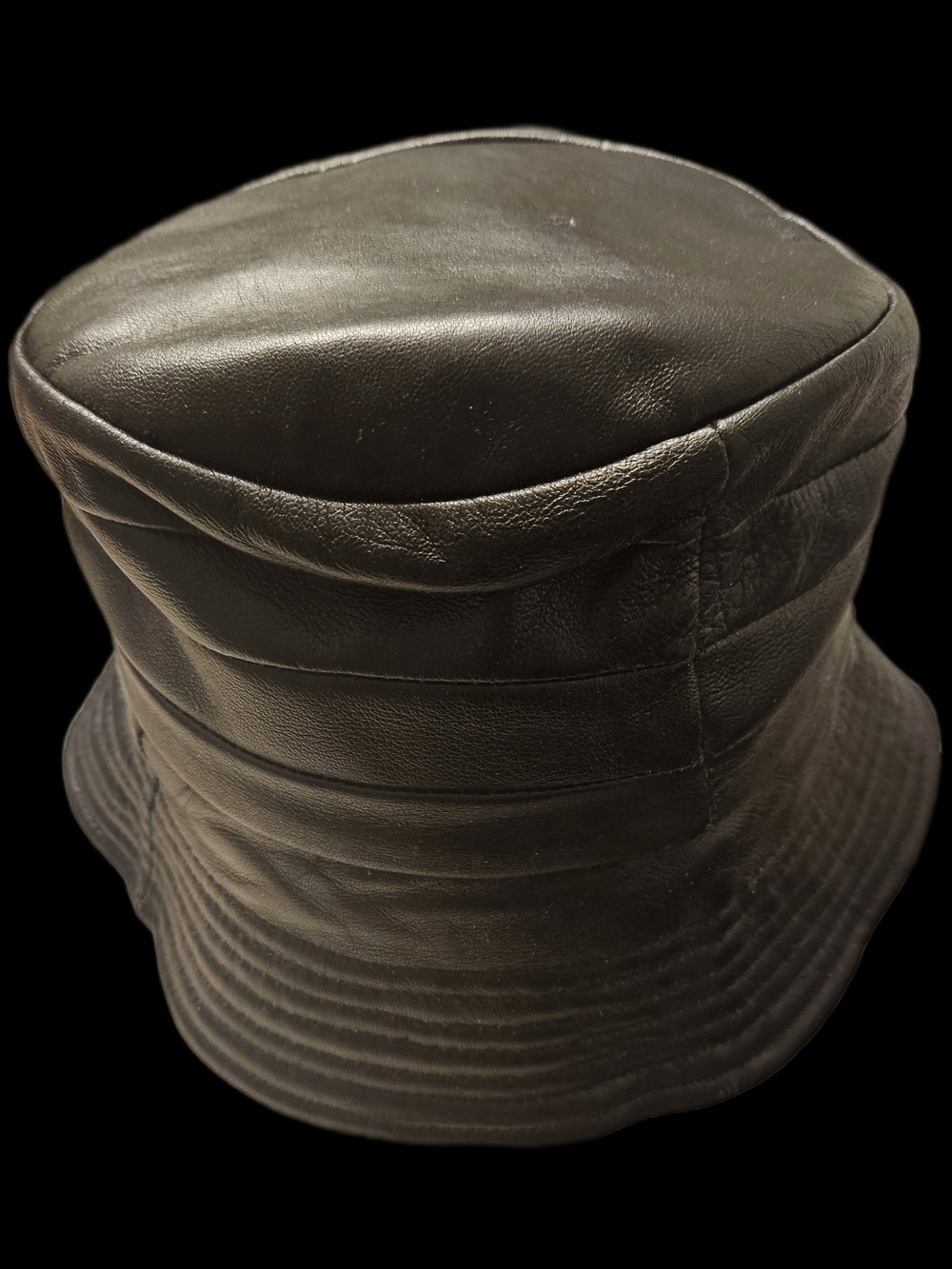 Black Genuine Lambskin Leather Bucket Hat, Size Medium.  Made In USA. Unisex.